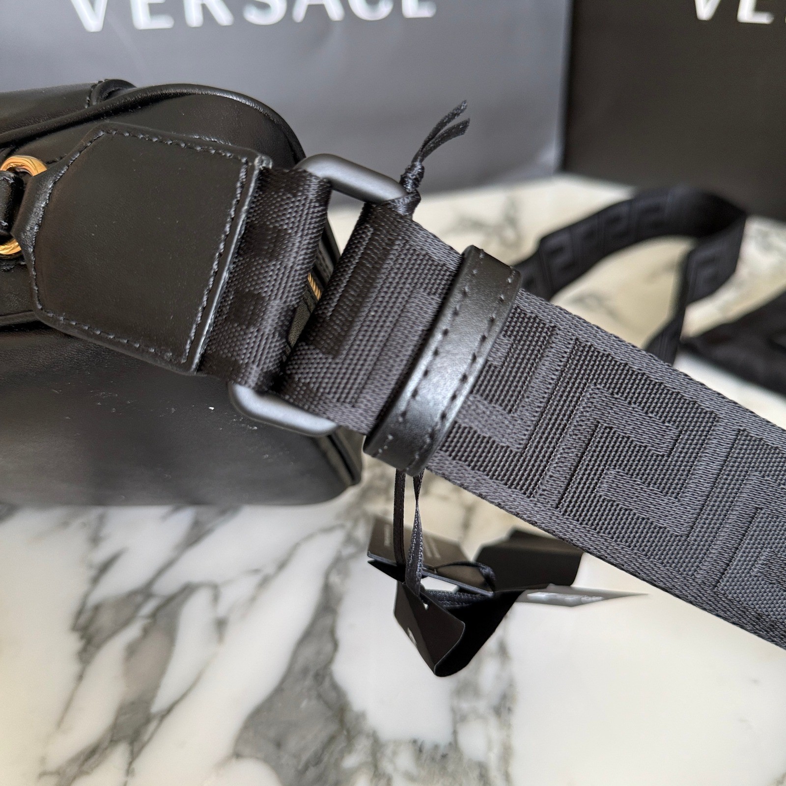 Versace 1020736 Black Leather Greca Crossbody Messenger Bag Gold Logo
