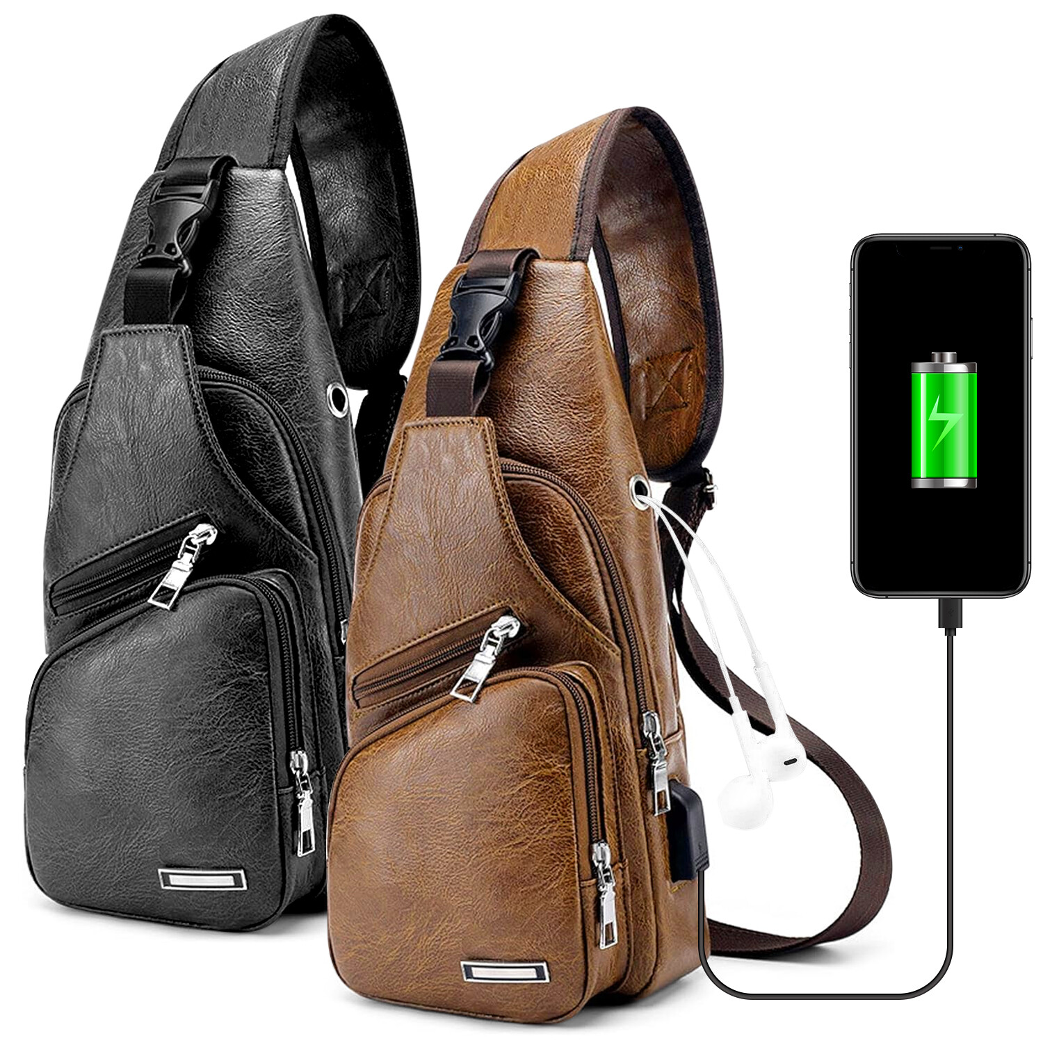 Men’s Leather Chest Bag Crossbody Bag with USB Port Sports Casual Bag Fashion US