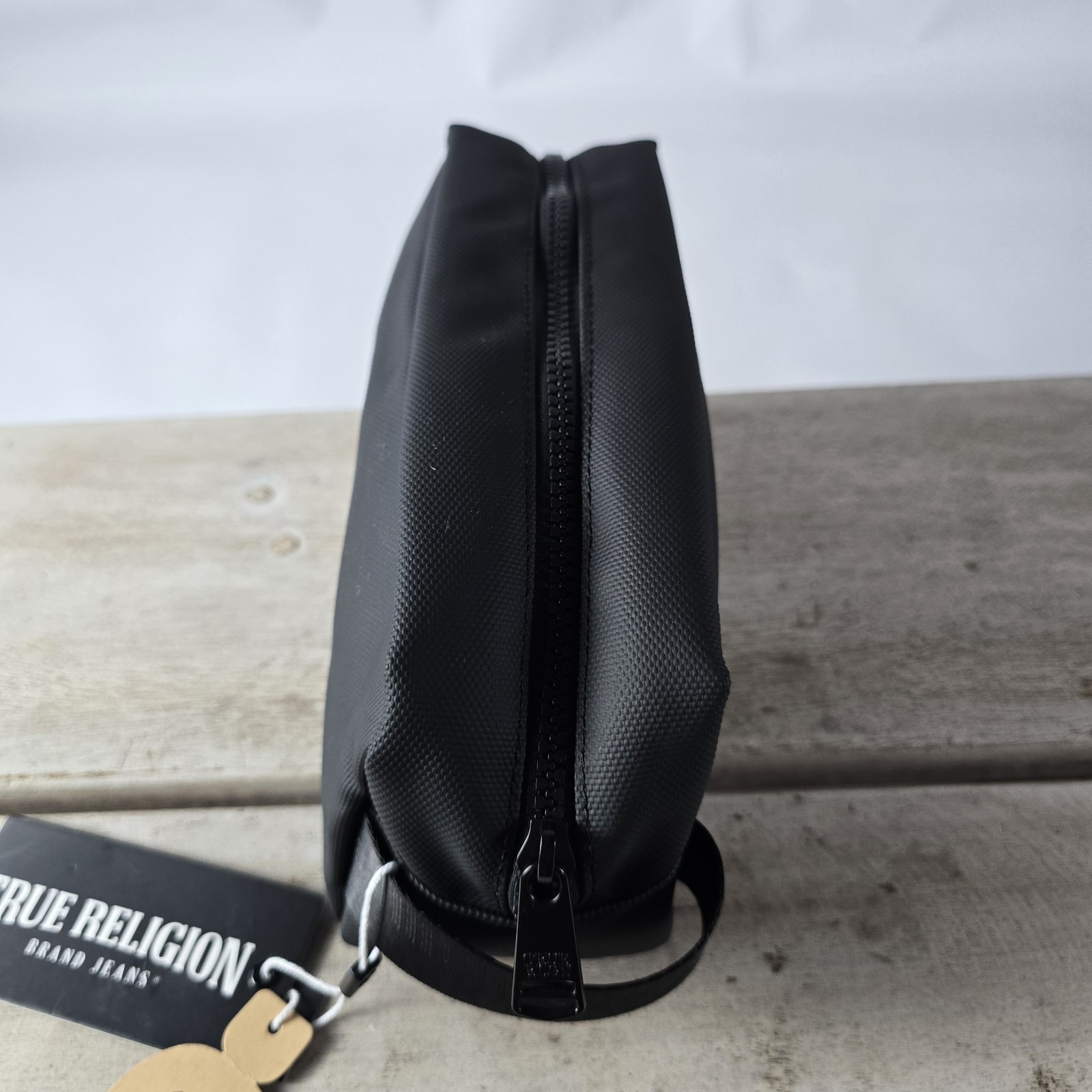 True Religion Men’s Rain Toiletry Bag w/2 Travel Bottles Black Canvas Logo NWT