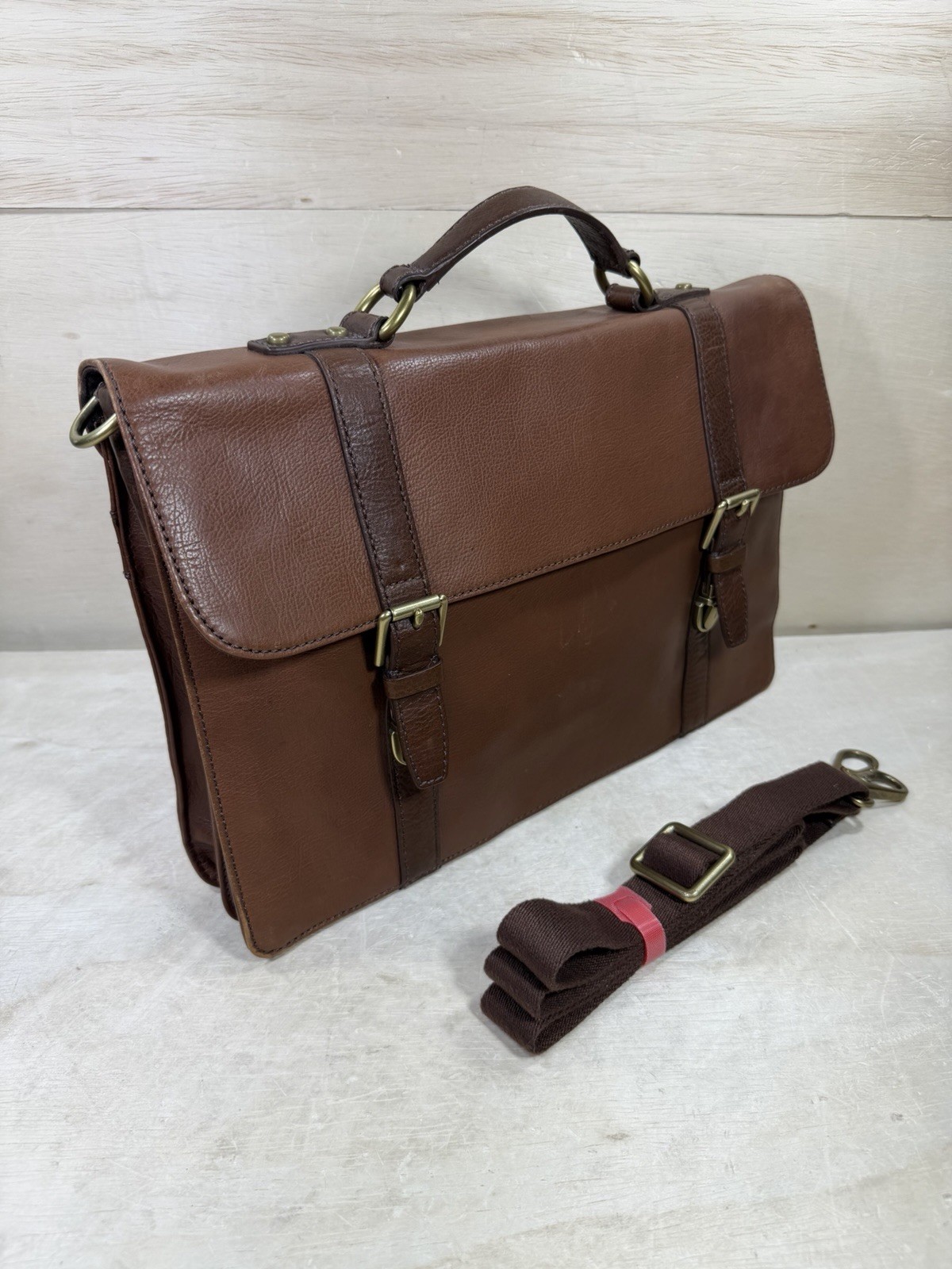 Fossil Thompson Portfolio Leather Messenger Bag Classic Brown w/ Shoulder Strap
