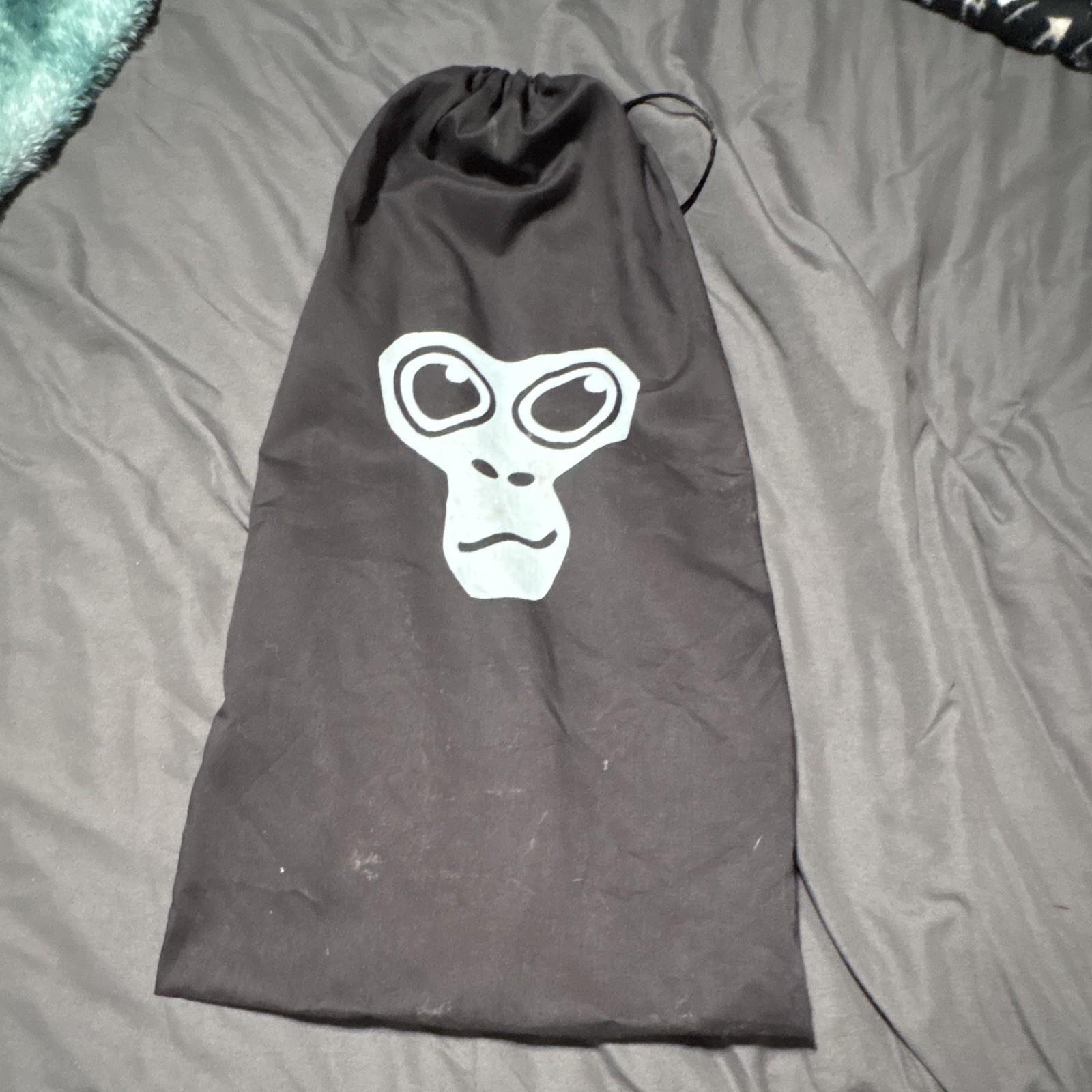 Black Drawstring Bag Sack, White Alien Face Graphic Print, Unisex Adults