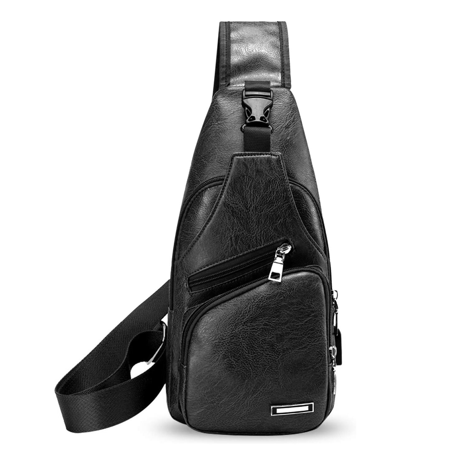 New Men’s Leather Chest Bag Crossbody Bag with USB Port Sports Casual Bag Fashio