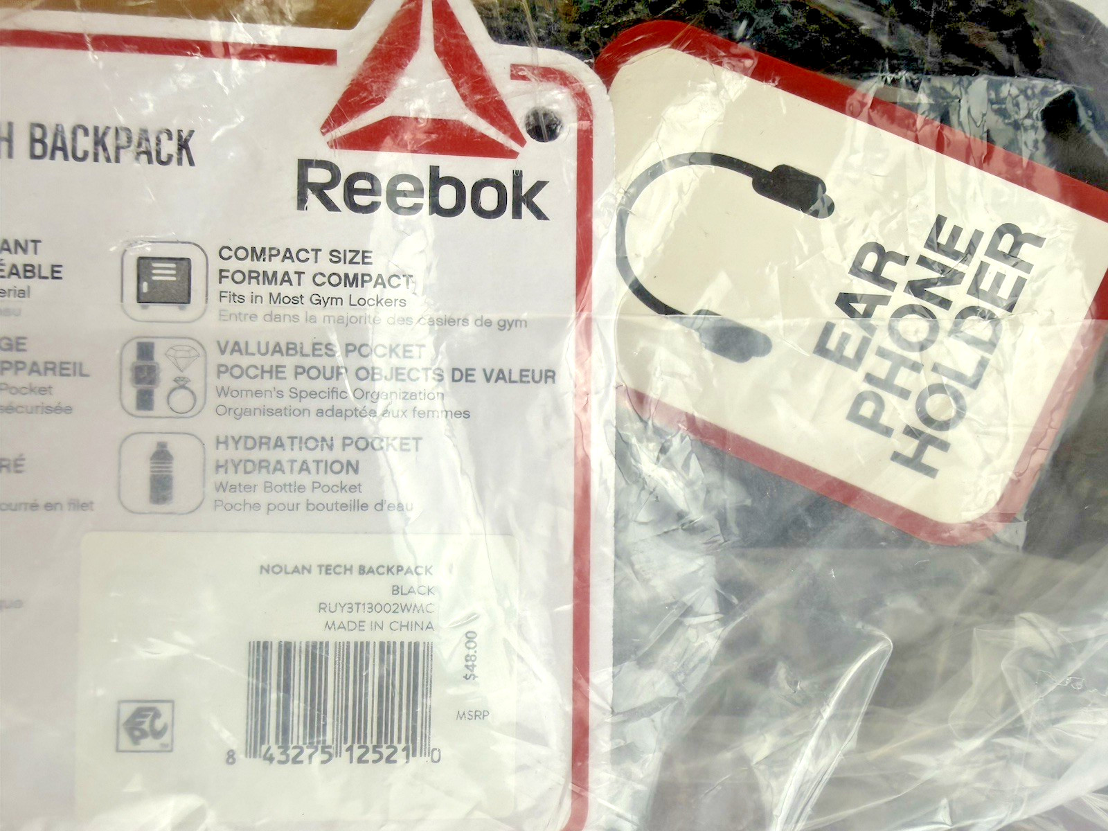 Reebok Black Backpack NWT Nolan Tech Unopened H18″xW11.5″xD6″