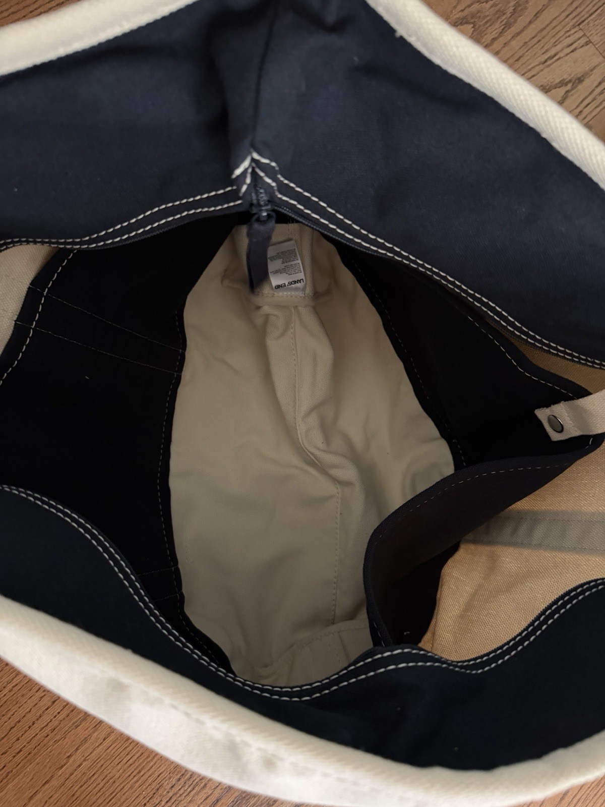 Lands End White Navy Canvas Boat Tote Bag Beach X-Large 23” x 10” 2003? * A