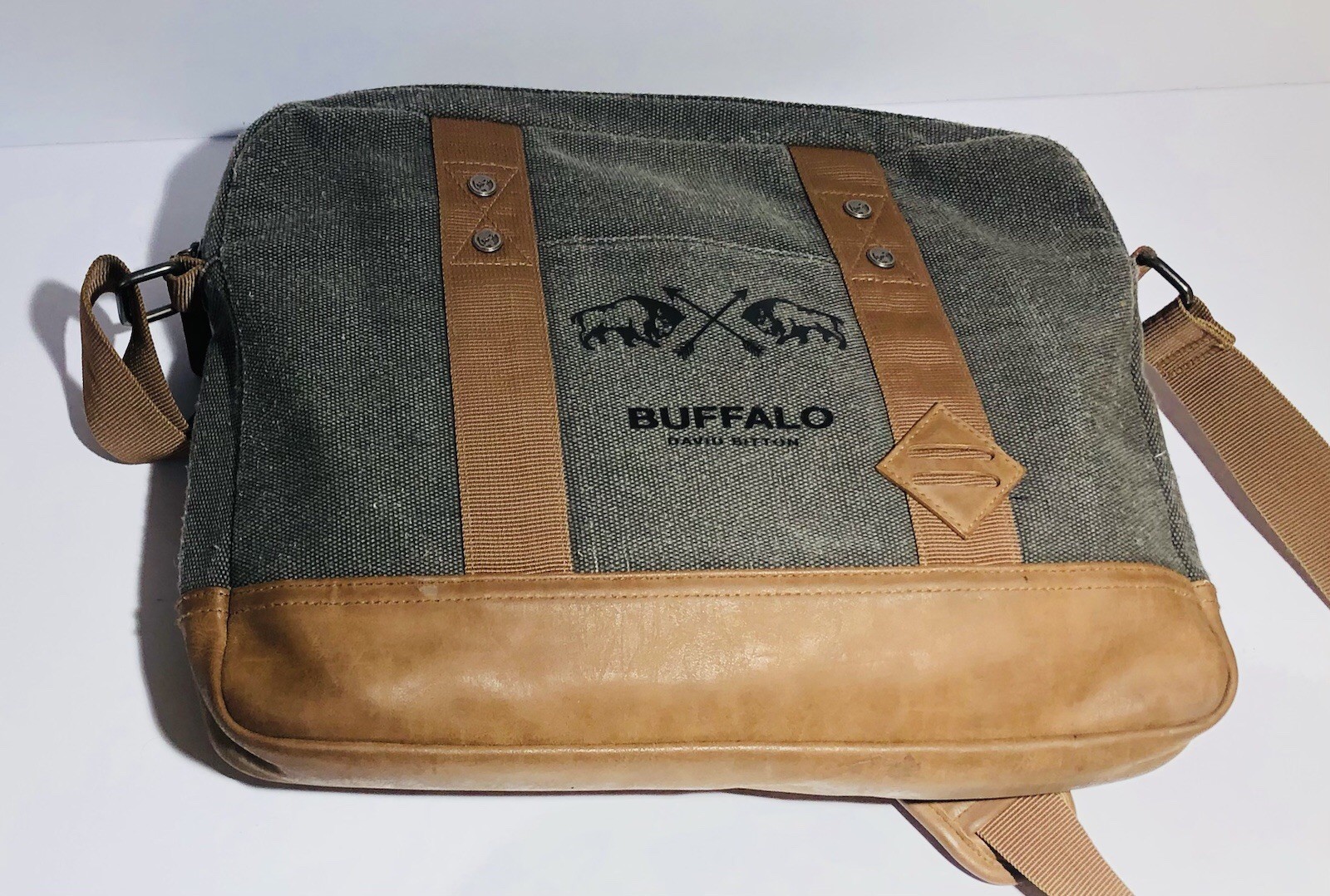 Buffalo David Bitton Messenger Laptop Tote Bag Canvas Leather Gray & Brown