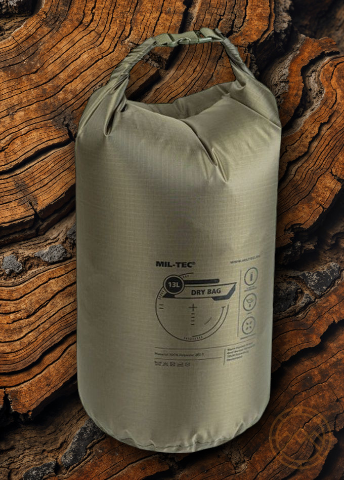 Mil-Tec 13L Dry Bag OD Green Roll-Top Closure Polyurethane-Coated Polyester