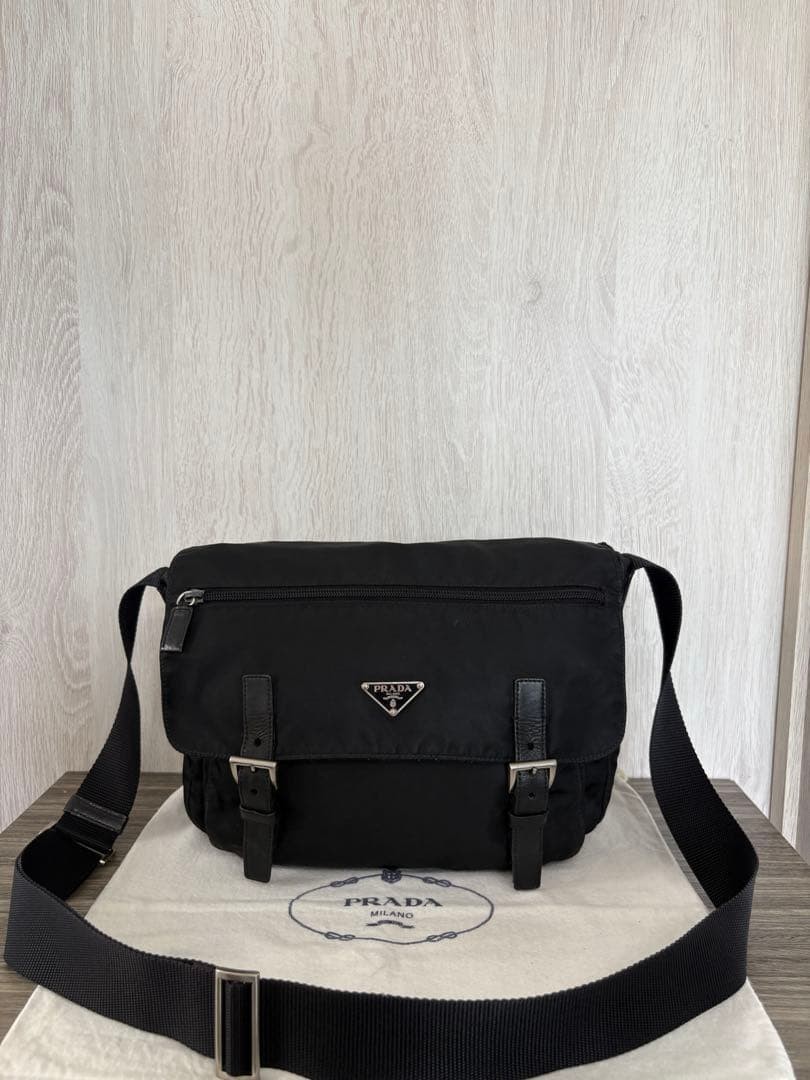 PRADA Shoulder Bag Tessuto Nylon Leather Triangle Logo Black Excellent Condition