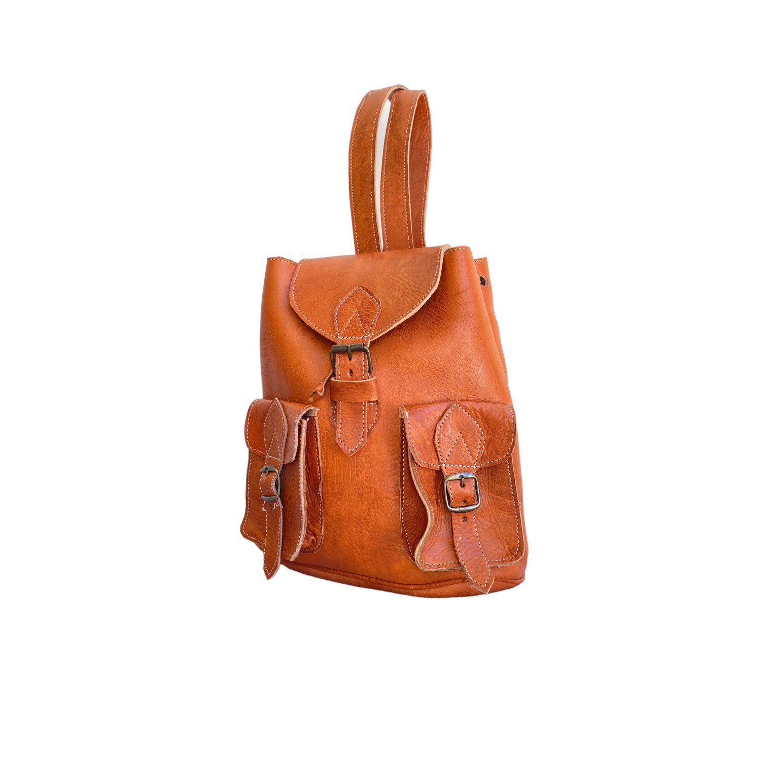 Cognac Leather Backpack Handmade Morocco 3 Pockets Belt Buckle Zip Bag