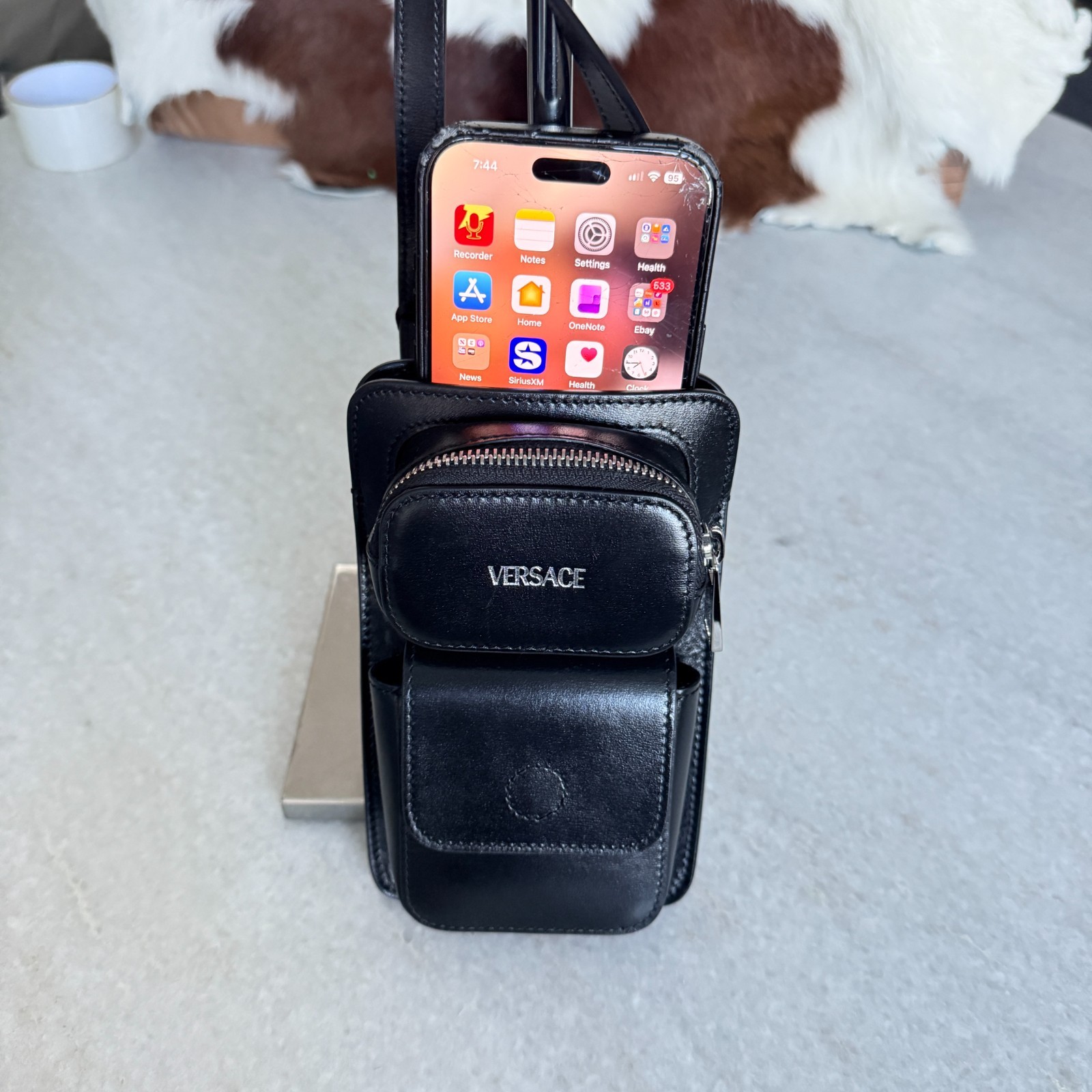 VERSACE 1013558 Phone Pouch Bag Black Calf Leather with lanyard