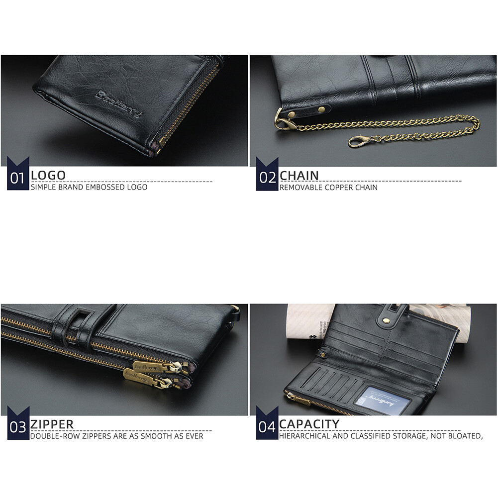 Men Wallet with Anti-Theft Chain RFID Blocking Leather Purse Zipper Phone Holder