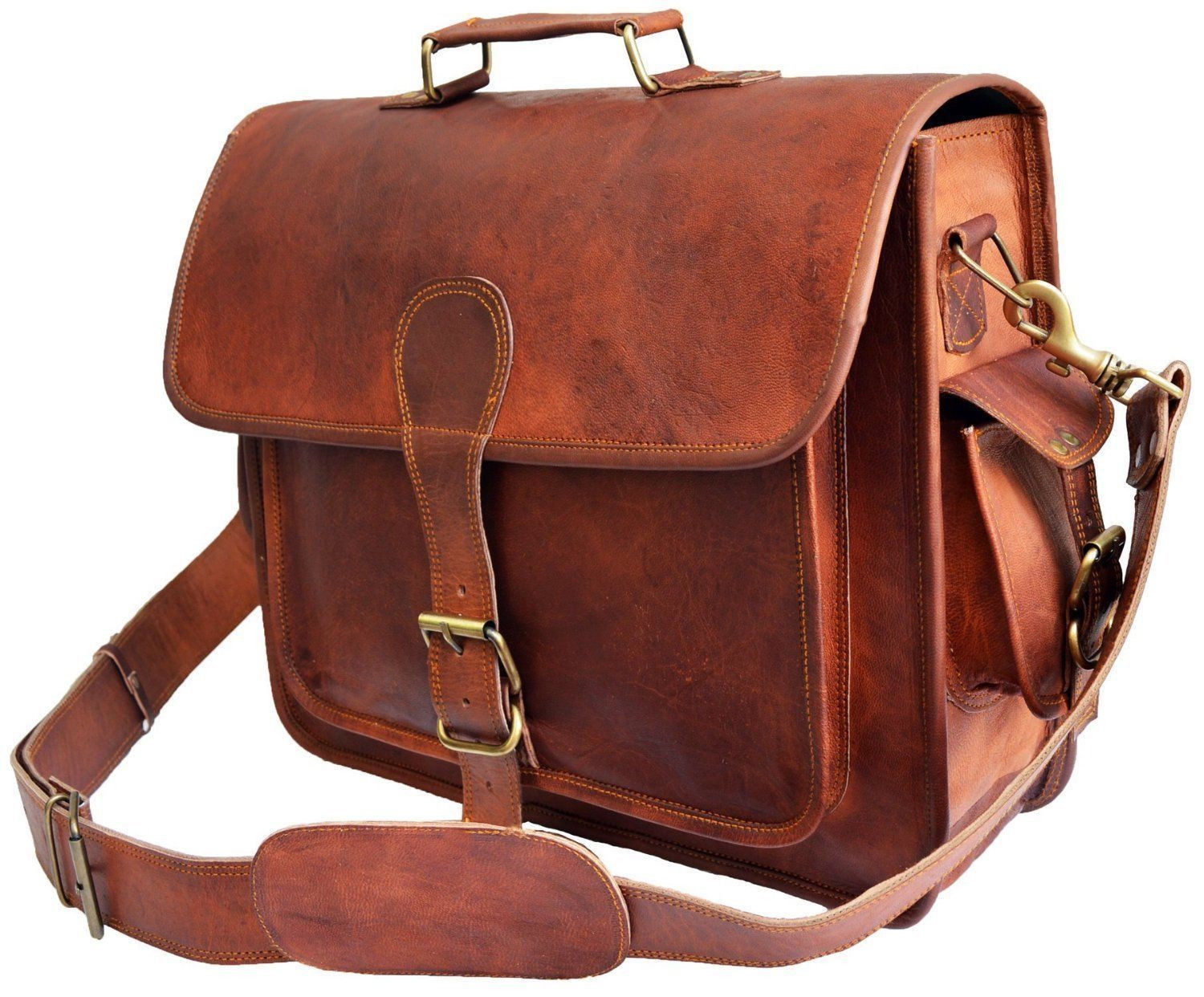 Brown Men’s Genuine Leather Large 15.5 Laptop Case for computer bag shoulder