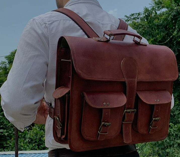 18″ Men Brown Leather Laptop Briefcase Shoulder Messenger Crossbody Backpack Bag