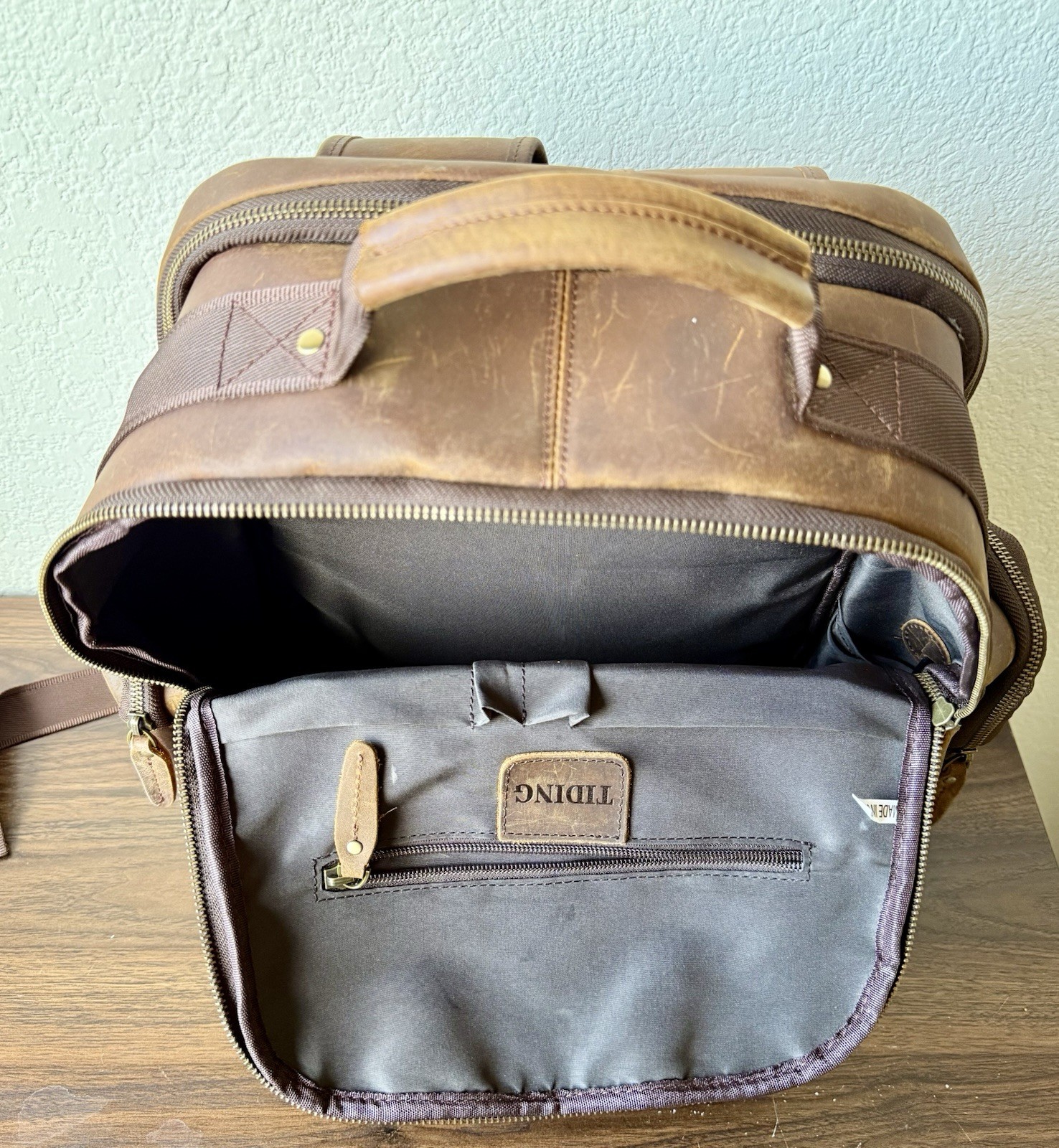 Tiding Leather Two Tone Leather Backpack Brown With Charging Laptop Bag