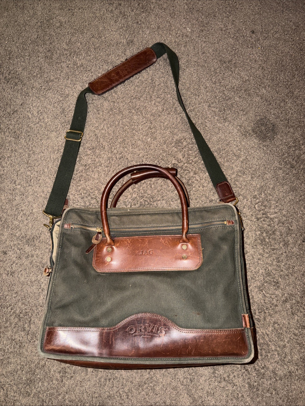 Orvis Battenkill Green Canvas Leather Briefcase Laptop Bag Document Case Vintage