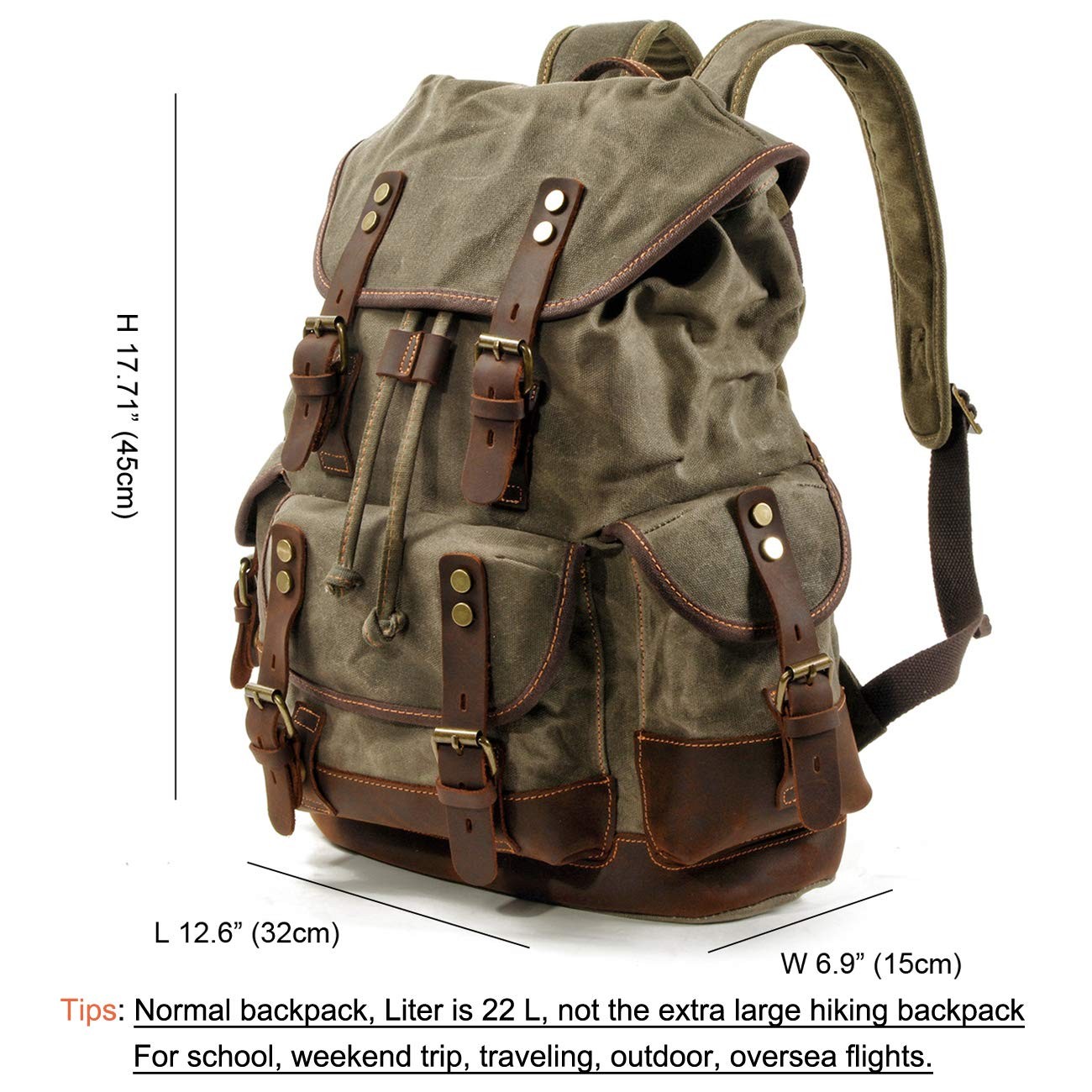 Men Travel Backpack, Genuine Leather-Waxed Canvas Shoulder Hiking Rucksack (G…