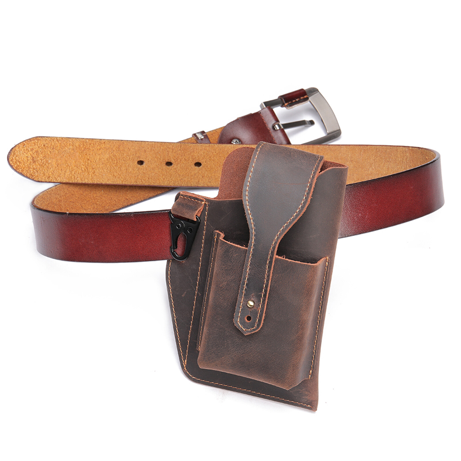 Men’s Leather Belt Pouch Phone Holder with Key Clip Vintage Waist Bag