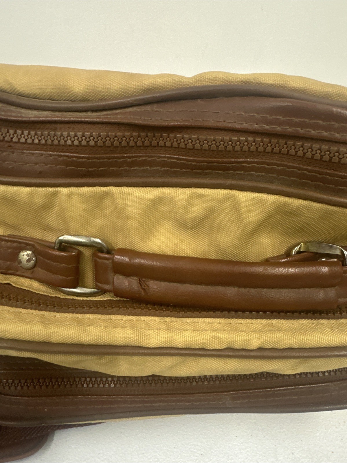 Canon Camera Bag Beige Brown Leather Canvas Zip Pockets W/Strap & Handle WORN