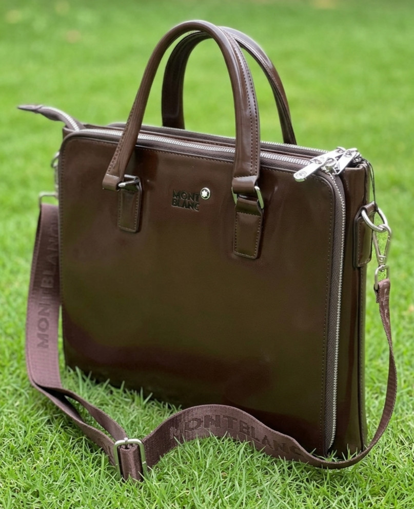Luxury Montblanc Brown Leather Briefcase Laptop Bag Adjust/Detachable Strap