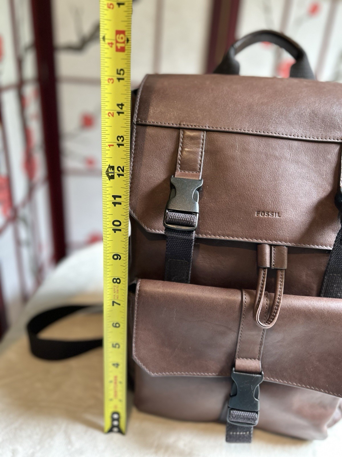 Fossil Brown Backpack Drawstring Flap Buckle Top Handle Outer Pockets Laptop