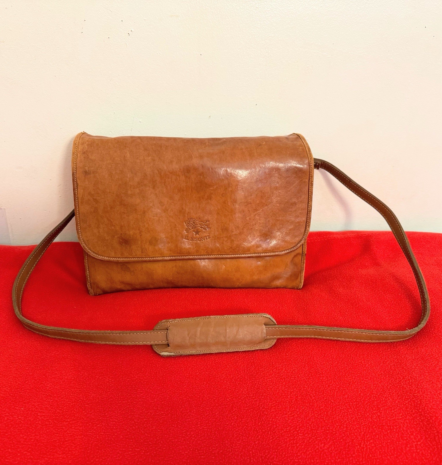 Il Bisonte W/5 Compartment Clutch Messenger Tan Leather Bag Italy Made Vintage