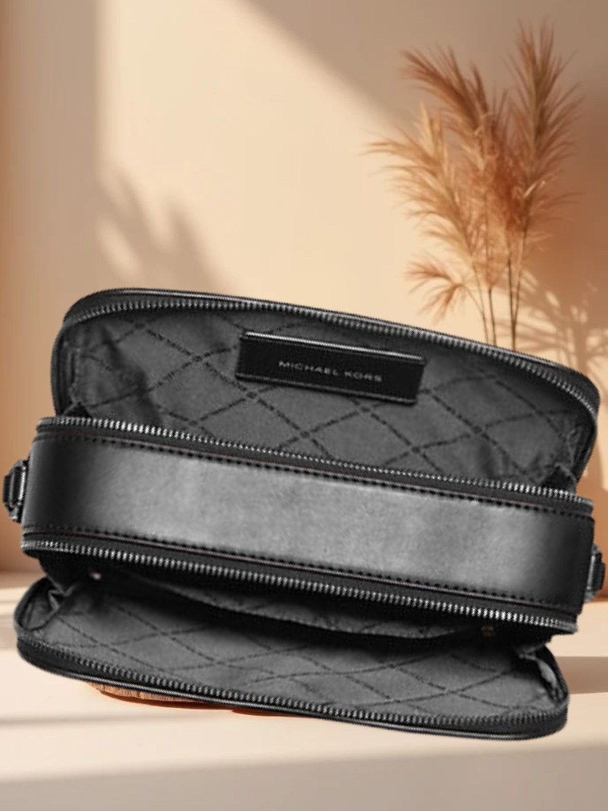Michael Kors Cooper Men Signature Logo Double Zip Long Crossbody Bag Black