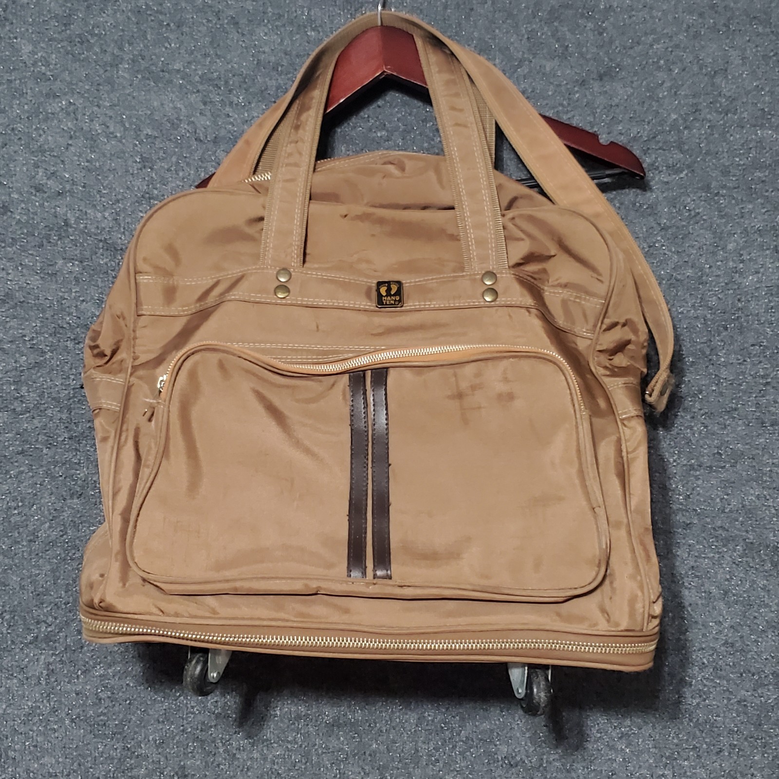 Vintage HANG TEN Duffle Bag Brown Beach Surf Skate Travel Rolling Luggage 90s