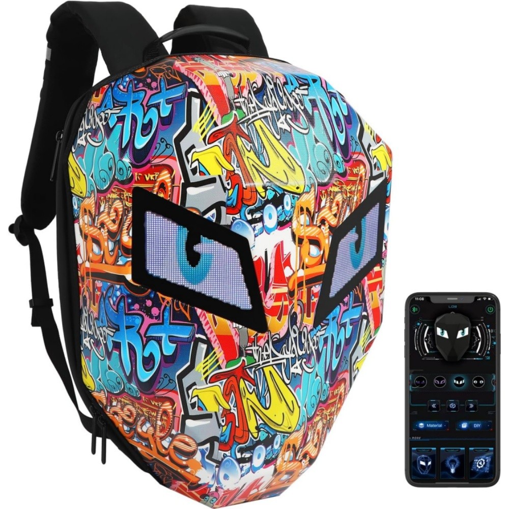 LED Motorcycle Backpack Moving Eyes Hard Case 19in Laptop Bag Graffiti Design