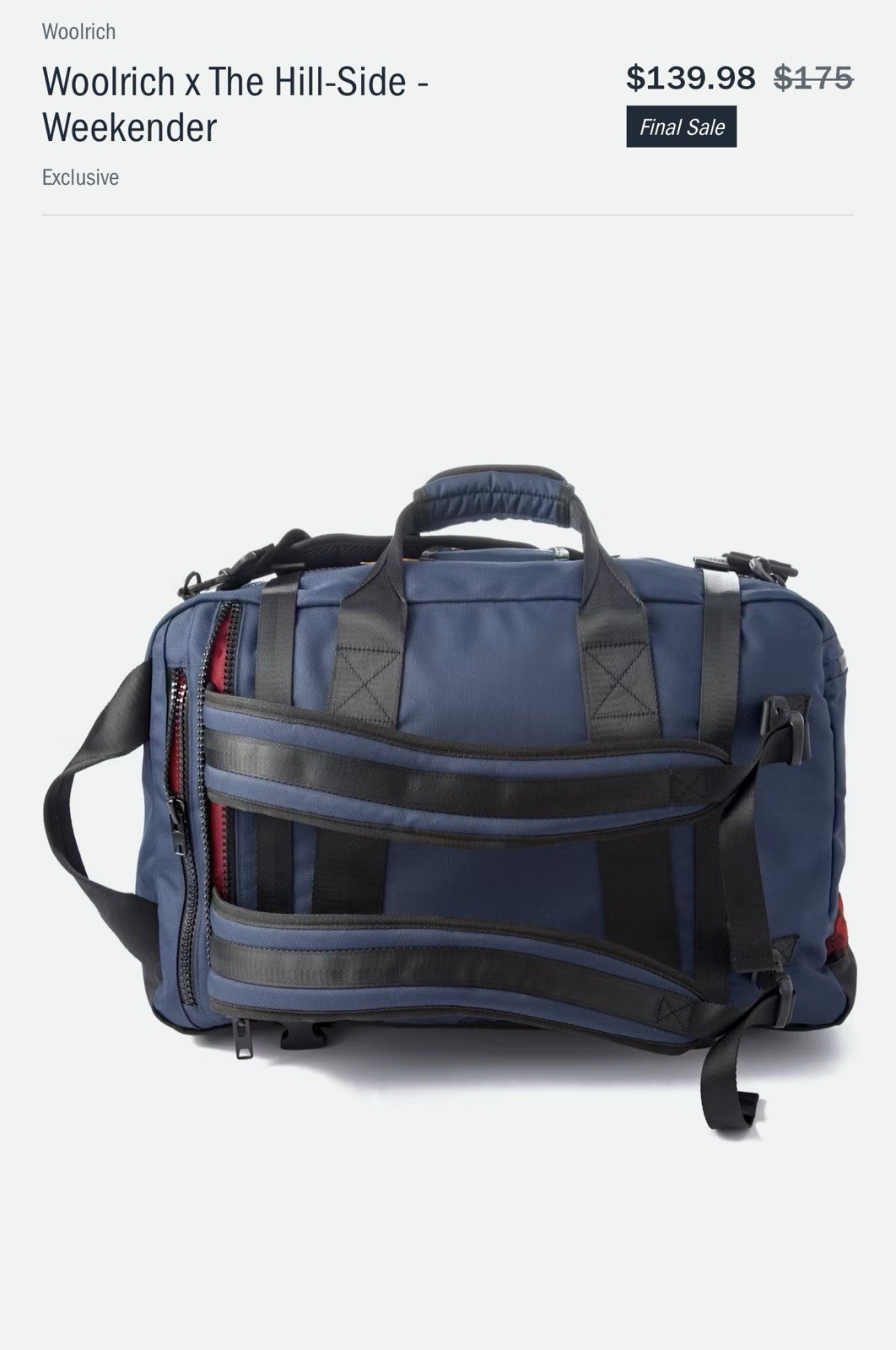 Woolrich x The Hill-Side Weekender Tote Travel Bag Blue Black Strap Backpack