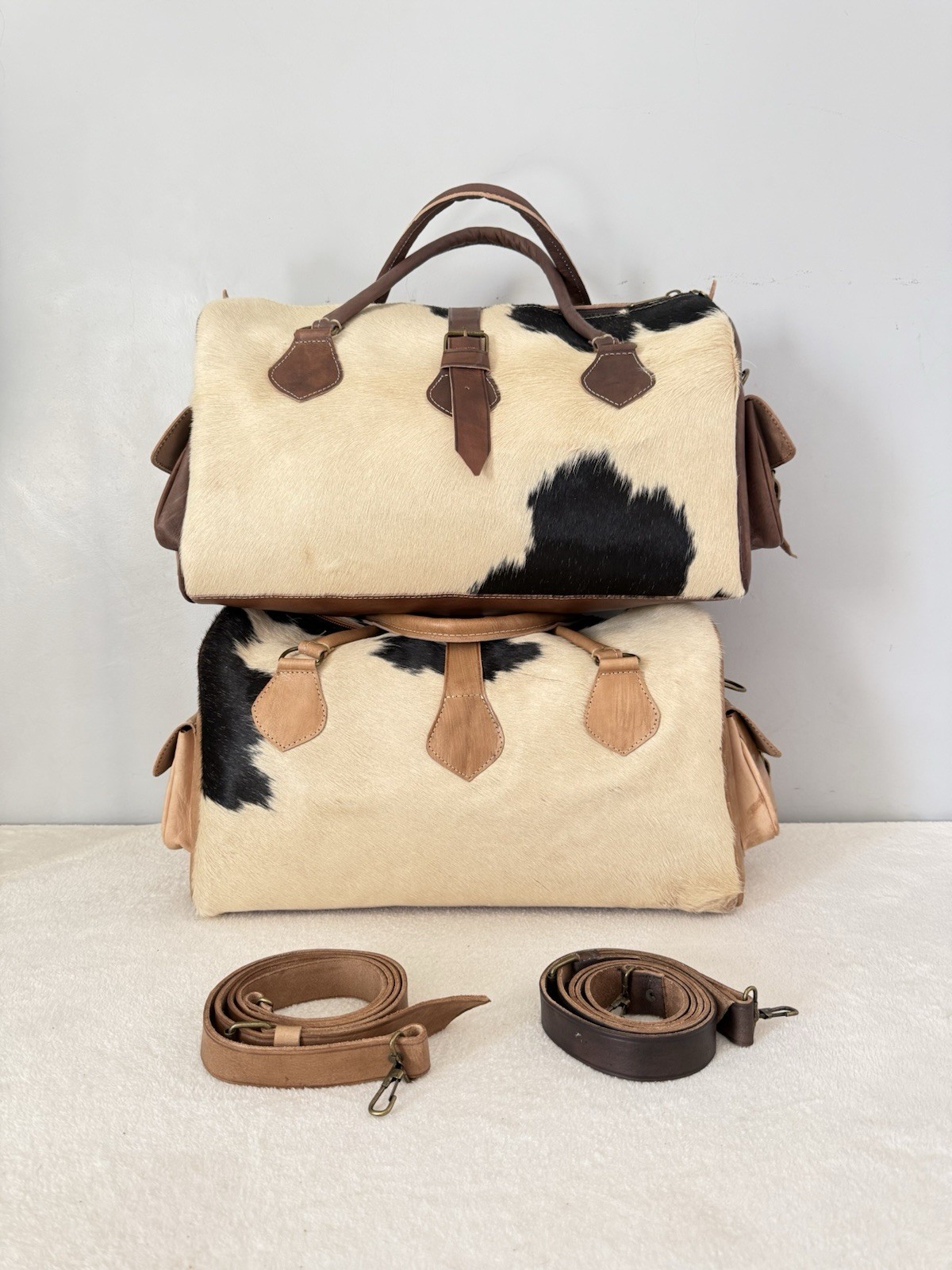 Set of 2 Genuine Leather Travel Bags Brown & Beige Handmade Morocco