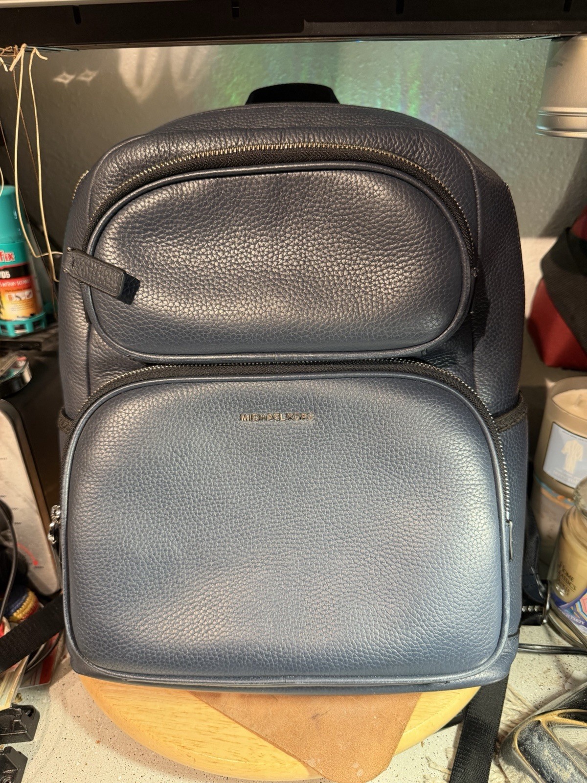 Michael Kors Cooper Large Commuter Backpack Blue Pebbled Leather Full Size