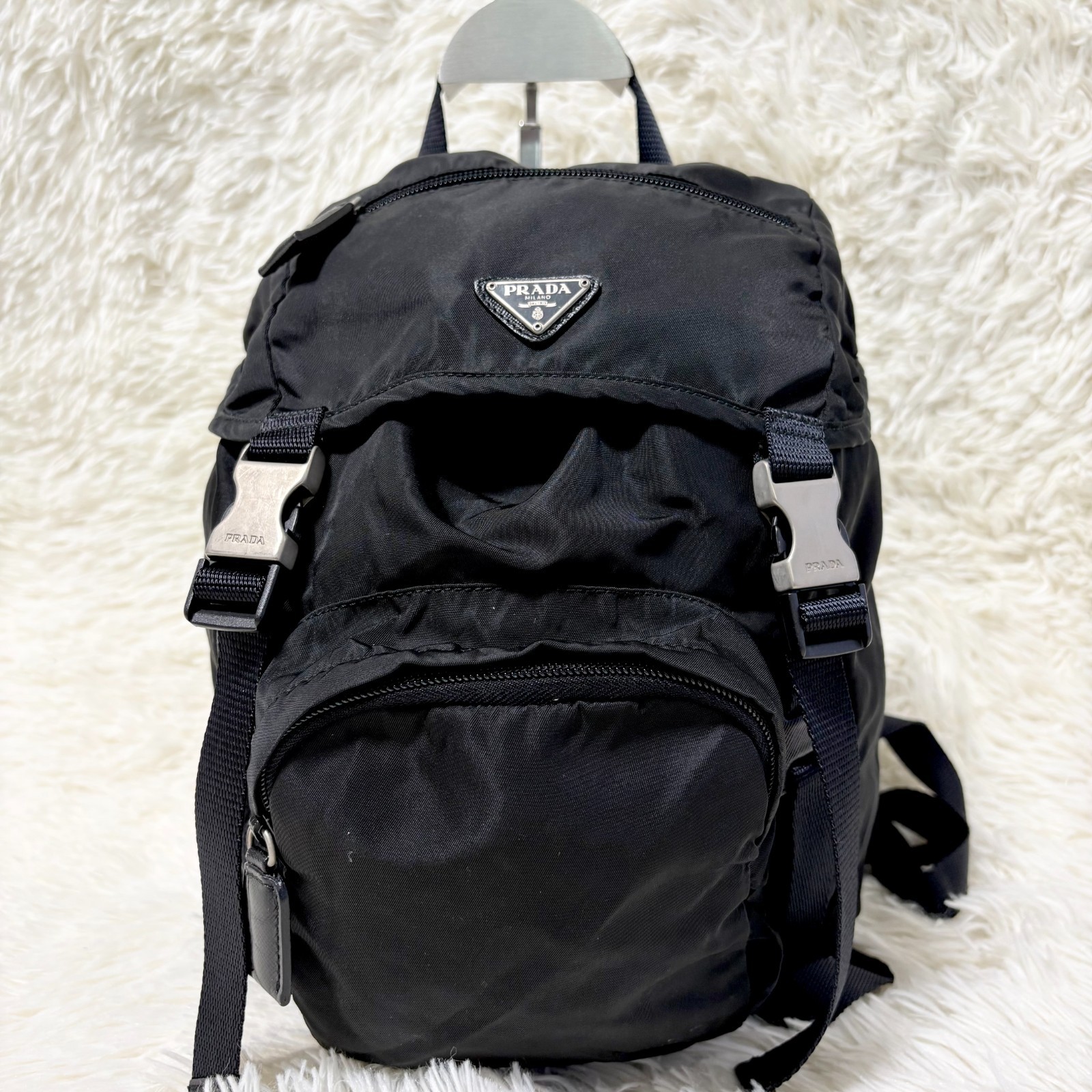 PRADA Nylon Backpack Black Triangle Logo White Tag Vintage Unisex Bag