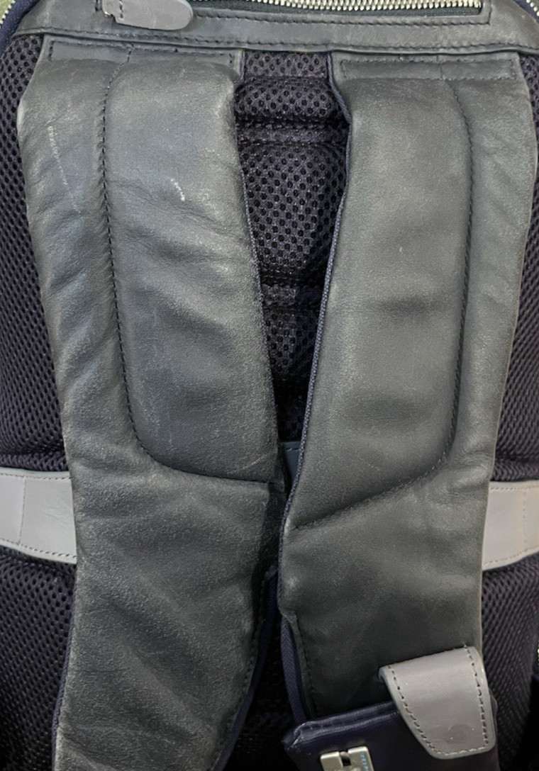Piquadro Coleos Small Leather Laptop Backpack Purple-Blue Gray with Rain Cover