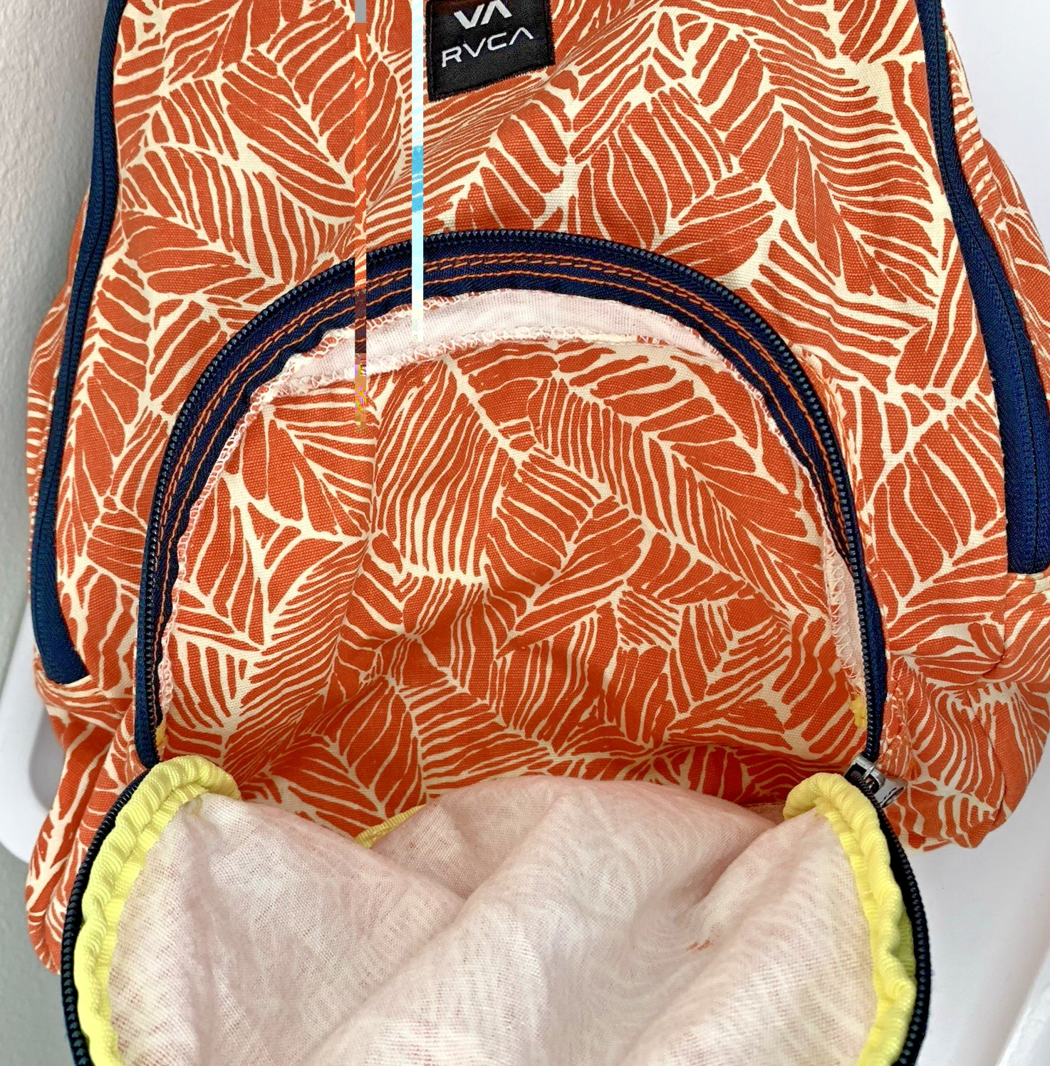 RVCA Backpack Orange Leaf Print Unisex 100% Cotton Lightweight Zip Closure