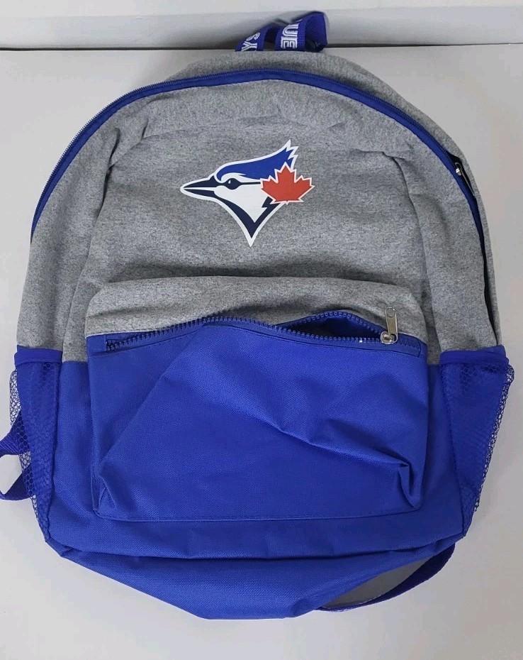 Grey and blue New Era backpack of the Toronto Blue Jays. Multiple pockets