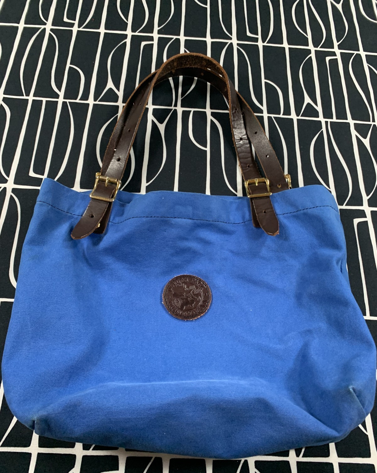VTG Duluth Pack Tote Bag Navy Blue Canvas Brown Leather Brass Made in USA GREAT