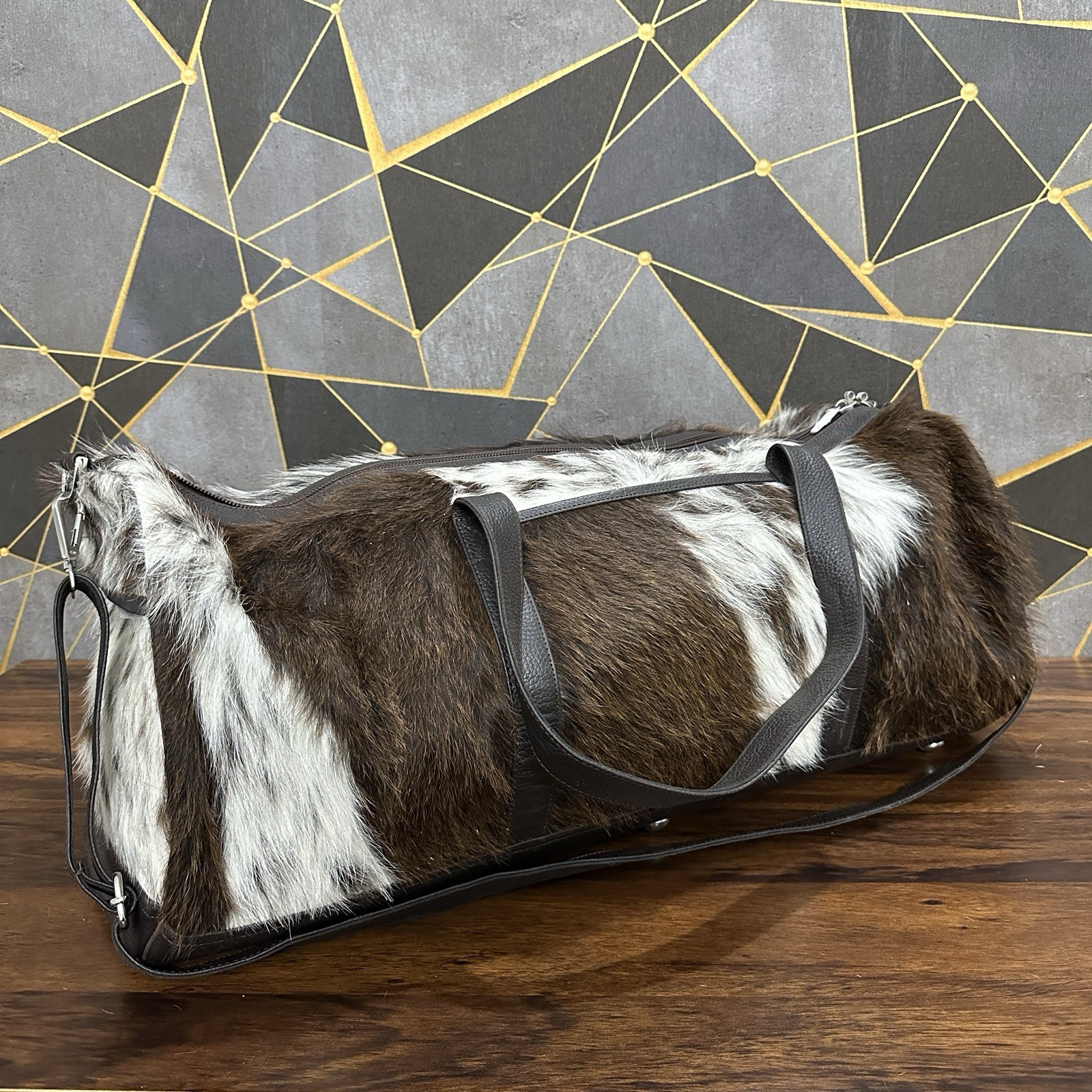 Real Cowhide Duffle Bag, Cowhide Duffle Weekender Black & White Travel Bag Gift