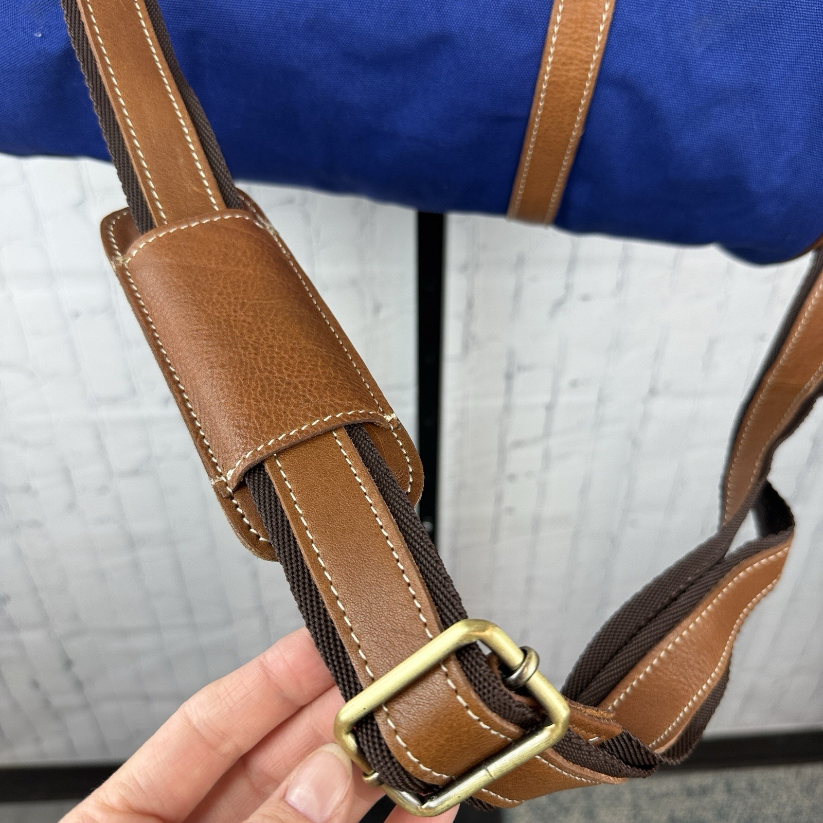 F.H. Wadsworth NYC Blue Matron Fabric Brown Leather Trim Zip Duffle Bag New