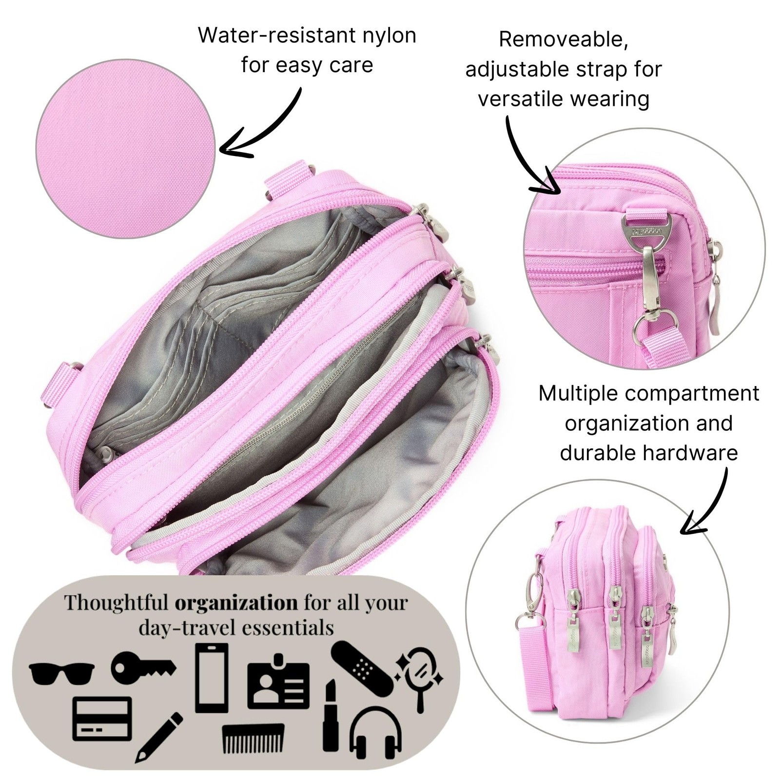 Baggallini Triple Zip Small Crossbody Bag for Regular Strap, Hibiscus Pink