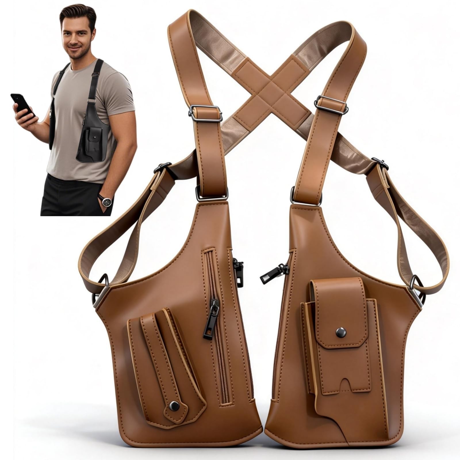 Double Shoulder Armpit Bag, Leather 27.5 x 15.5 cm /10.83*6.1″, Light Brown