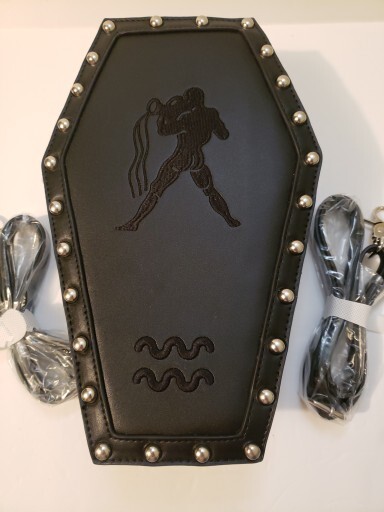 Black Coffin Style Gothic Backpack w/ Embroidered Aquarius Zodiac & Metal Studs