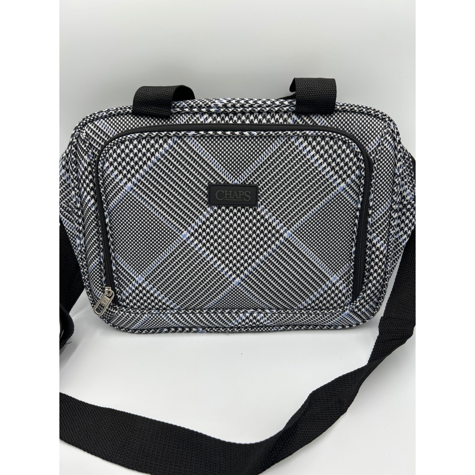 Chaps Messenger Bag Black White Blue Glen Plaid Light Crossbody Laptop Case