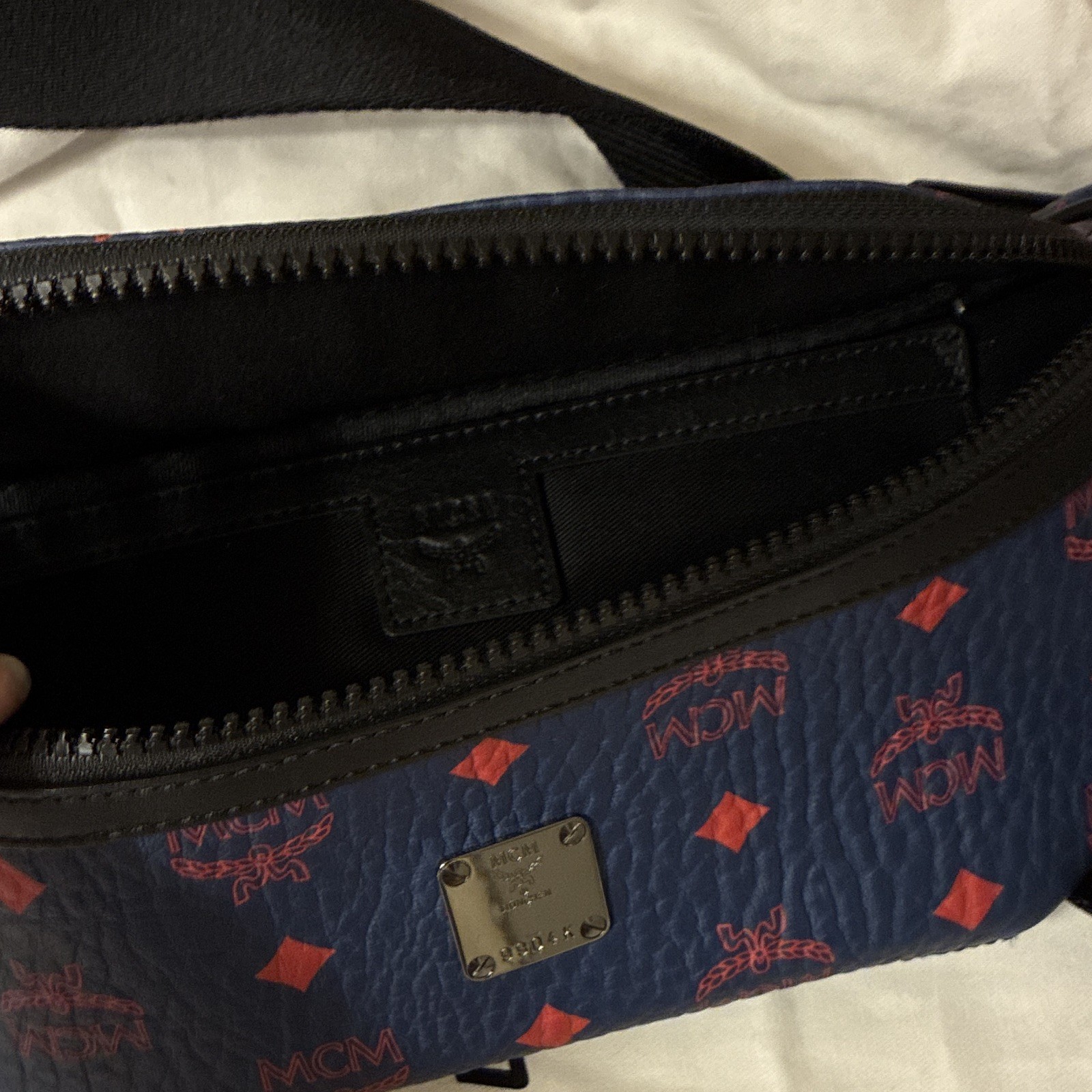 MCM Blue Logo Print Zip Belt Bag Fanny Pack Crossbody Strap Designer