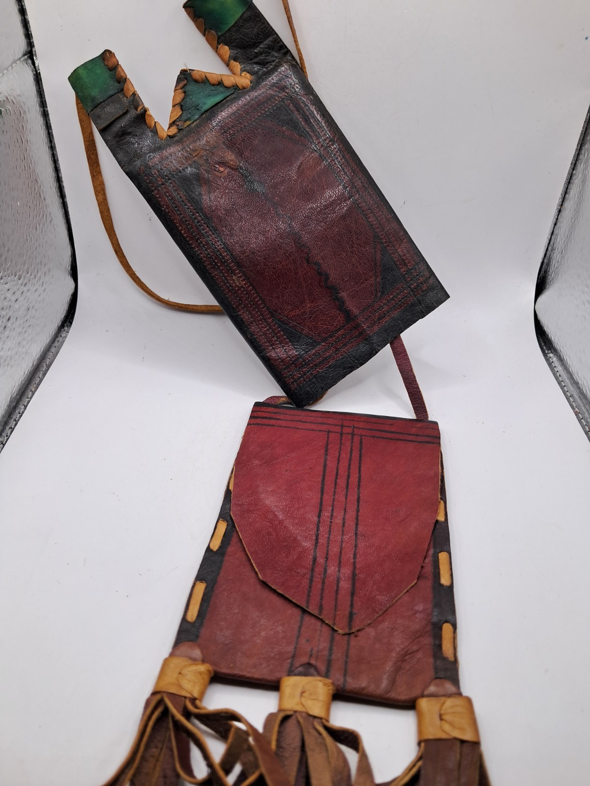 Primitive Hand Made Art Design Leather Medicine Pouch Bag Strap 2 Pockets 9″