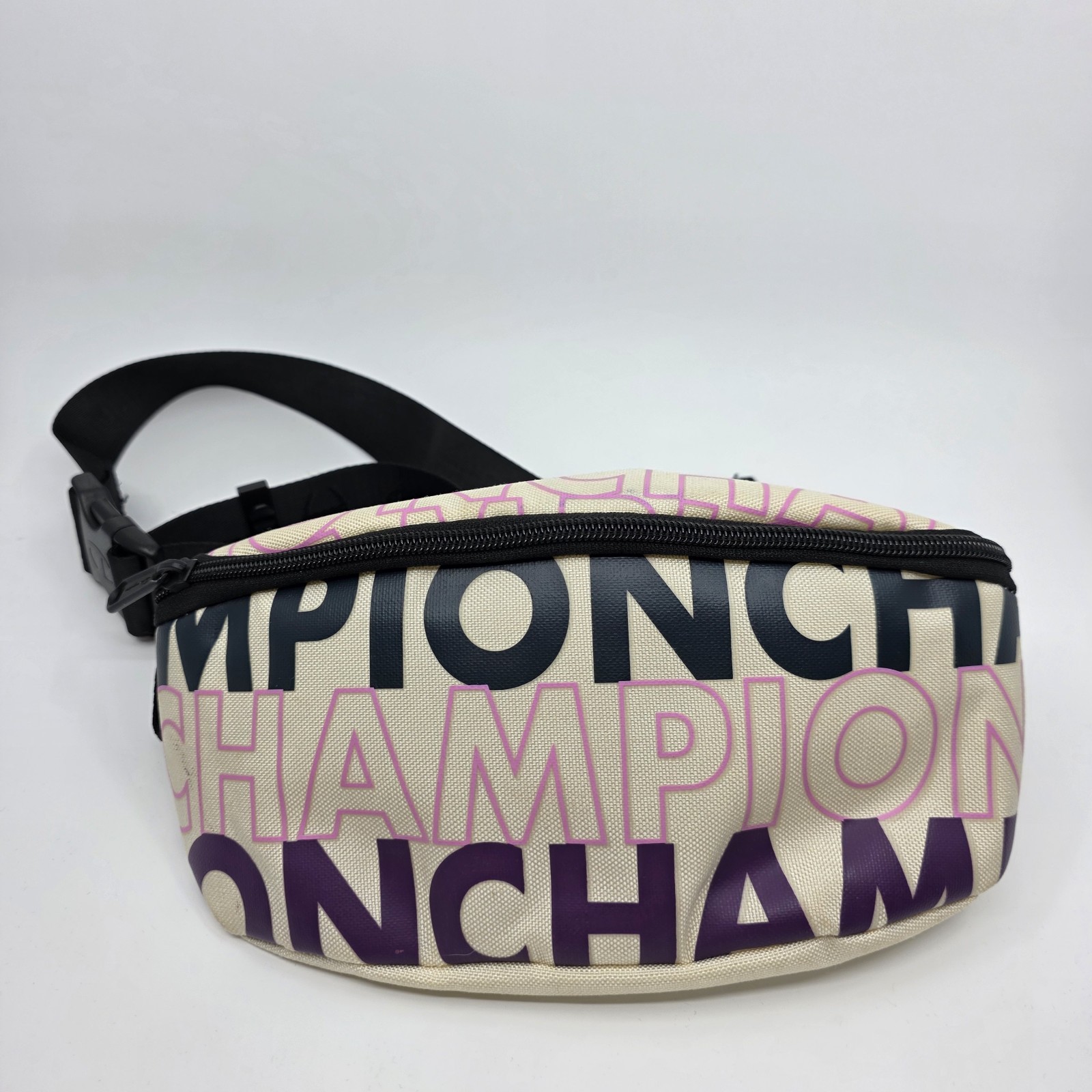 Champion Waist Bag Fanny Pack Logo Print Beige Purple Adjustable Strap