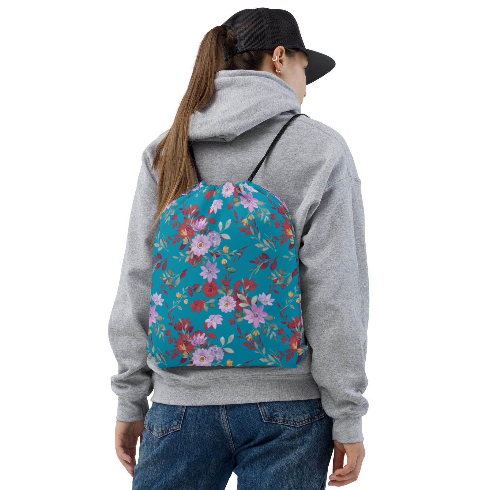 Teal Floral Drawstring bag