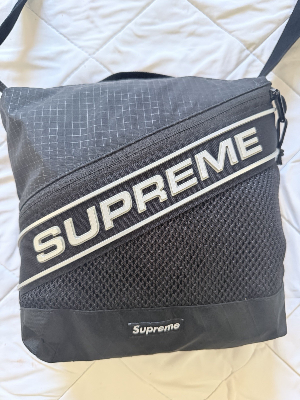 Supreme Black Unisex Crossbody Bag Solid Zip Closure Adjustable Strap