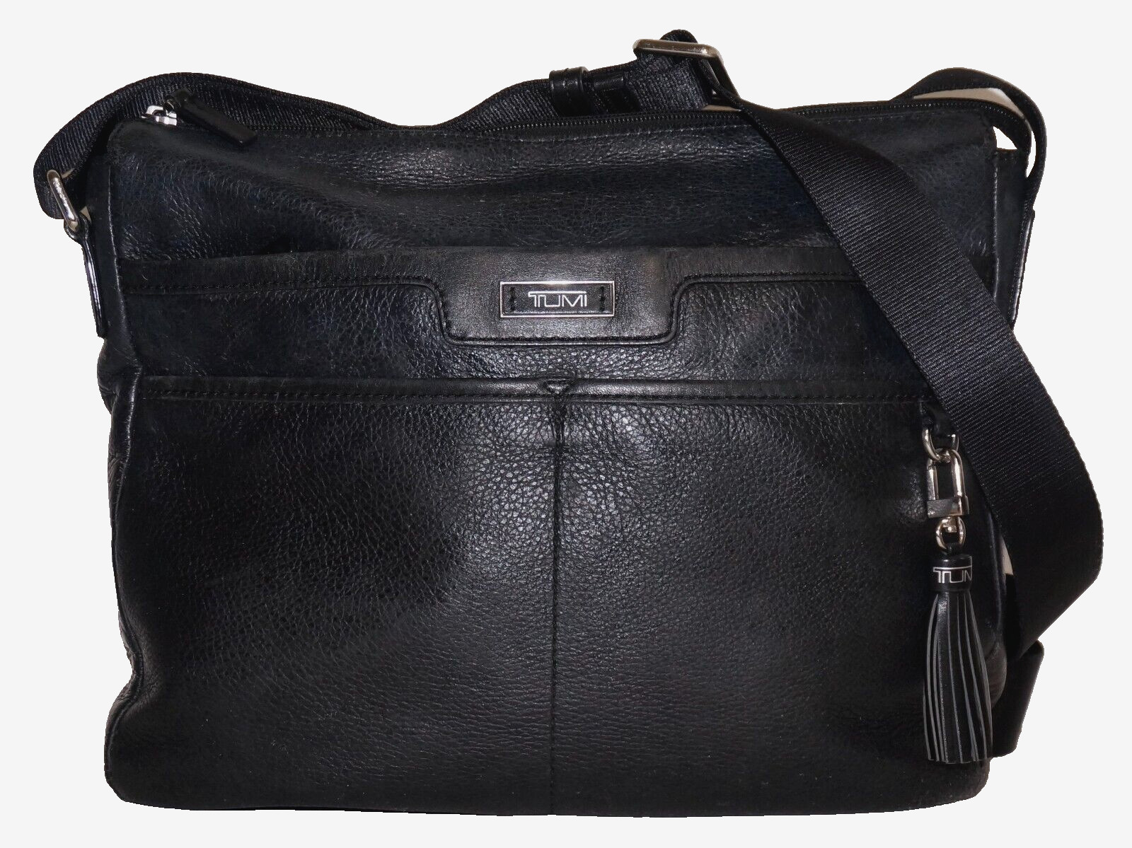 TUMI Black Leather Crossbody Shoulder Bag 10×12 *WEAR / RUBS / MARKS