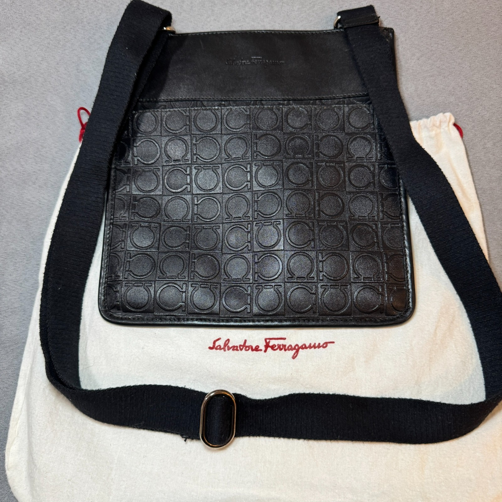 Salvatore Ferragamo Embossed Gancini Leather Crossbody Bag – Black Made in Italy