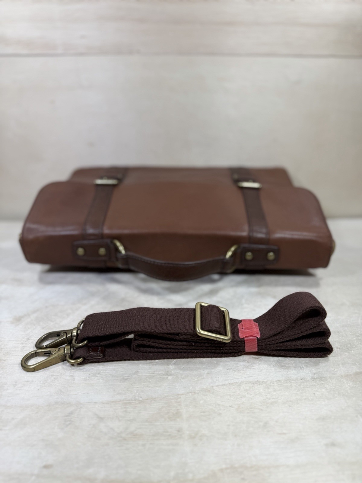 Fossil Thompson Portfolio Leather Messenger Bag Classic Brown w/ Shoulder Strap