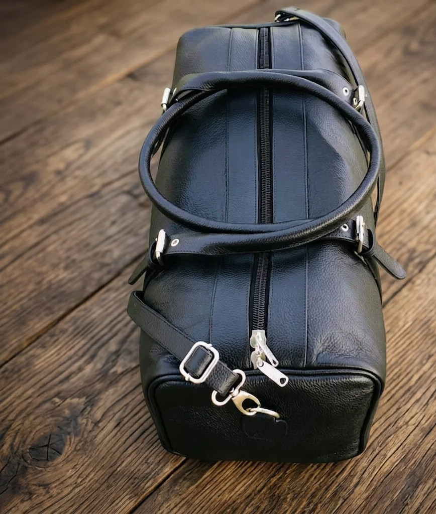 Black Lambskin Leather Duffle Bag: Handcrafted Weekend Travel Bag
